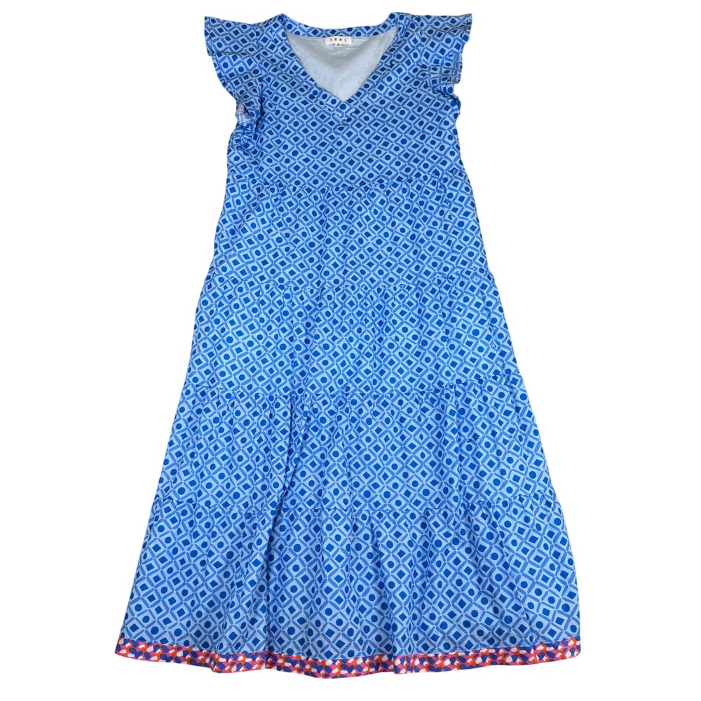 THML Blue Geometric Tiered Midi Dress V-Neck Ruffle Sleeve Size Medium